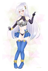 Rule 34 | 1girl, ange vierge, armor, bare shoulders, bikini armor, black gloves, blue footwear, boots, breasts, brown eyes, cleavage, elbow gloves, frown, full body, gloves, hair ornament, head wings, highres, long hair, looking at viewer, medium breasts, navel, ponytail, simple background, solo, thigh boots, thighhighs, v, very long hair, white hair, white wings, wings