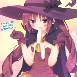 Rule 34 | 1girl, alternate costume, banana, between breasts, blush, bow, breasts, cape, cleavage, drill hair, food, fruit, gloves, halloween, hard-translated, hat, hat bow, hazuki watora, kani biimu, long hair, looking at viewer, original, purple eyes, red hair, sexually suggestive, solo, tears, third-party edit, translated, twin drills, witch hat