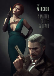 Rule 34 | 1boy, 1girl, astor alexander, beard, black gloves, breasts, cigarette, contemporary, cover, dress, elbow gloves, facial hair, fake cover, film noir, fire, geralt of rivia, gloves, green dress, green eyes, hand on own hip, highres, jewelry, lips, lipstick, magic, makeup, manly, medium breasts, necklace, nose, pyrokinesis, realistic, red hair, scar, scar across eye, scar on face, smoking, the witcher (series), the witcher 3, triss merigold, white hair, yellow eyes