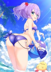 Rule 34 | 1girl, :d, ass, azur lane, back, ball, bare arms, beachball, bikini, blue bikini, blue sky, bracelet, breasts, coconut tree, day, flower, frilled bikini, frills, green eyes, hair between eyes, hair flower, hair ornament, highres, holding, holding ball, holding beachball, innertube, javelin (azur lane), javelin (beach picnic!) (azur lane), jewelry, manjuu (azur lane), mountainous horizon, open mouth, outdoors, palm tree, purple eyes, shinko gunsei, shoulder blades, sky, small breasts, smile, solo, swim ring, swimsuit, thighs, tree, twintails, v-shaped eyebrows, wading, wet