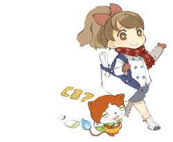 Rule 34 | 1girl, brown eyes, brown hair, closed mouth, flame-tipped tail, full body, gloves, hair ribbon, high ponytail, highres, jibanyan, kodama fumika, long hair, looking at viewer, mota, ribbon, scarf, shorts, simple background, white background, winter clothes, youkai watch