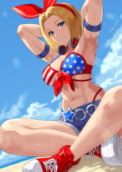 Rule 34 | 1girl, abs, american flag, american flag bikini, american flag print, armpits, arms behind head, bare shoulders, beach, bikini, blonde hair, blue eyes, blue mary, bob cut, bow, breasts, fatal fury, flag print, front-tie bikini top, front-tie top, hair bow, headphones, headphones around neck, highres, large breasts, looking at viewer, midriff, muscular, muscular female, navel, outdoors, revision, shoes, short hair, short shorts, shorts, smile, sneakers, snk, solo, sweat, swimsuit, the king of fighters, the king of fighters all-stars, yagi2013