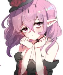 Rule 34 | 1girl, bare shoulders, blush, choker, commentary request, dress, elf, flower, hair between eyes, hat, hat flower, highres, looking at viewer, lucid (maplestory), maplestory, medium hair, pink eyes, pink hair, pointy ears, pout, pouty lips, solo