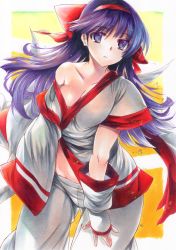 Rule 34 | 1girl, absurdres, ainu clothes, bow, breasts, cleavage, closed mouth, collarbone, groin, hair bow, hairband, highres, long hair, medium breasts, nakoruru, off shoulder, pants, purple eyes, purple hair, red bow, red hairband, rozarin, samurai spirits, short sleeves, single bare shoulder, solo, traditional media, white pants