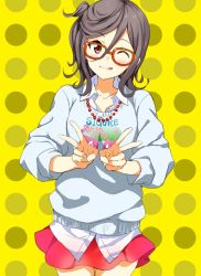 Rule 34 | 1girl, ;3, ;q, brown eyes, brown hair, clothes writing, cowboy shot, double v, dress shirt, glasses, hair between eyes, jewelry, jpeg artifacts, mirai denki, necklace, one eye closed, polka dot, polka dot background, red-framed eyewear, red skirt, seto ferb, shirt, skirt, solo, sweater, tokyo 7th sisters, tongue, tongue out, untucked shirt, v, yellow background