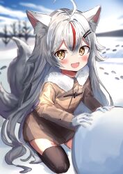 Rule 34 | 1girl, absurdres, animal ears, black thighhighs, brown coat, coat, commission, fangs, footprints, fox ears, fox girl, fox tail, full body, highres, indie virtual youtuber, kamiko kana, long hair, long sleeves, looking at viewer, multicolored hair, no pants, red hair, second-party source, skeb commission, snow, snowball, streaked hair, tail, thighhighs, two-tone hair, very long hair, virtual youtuber, white hair, winter, yukimachi urei