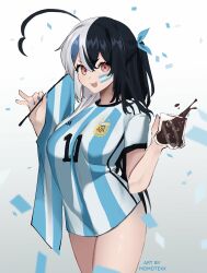 Rule 34 | 1girl, 2022, 2022 fifa world cup, absurdres, ahoge, argentina, argentinian flag, argentinian flag print, artist name, bare legs, black hair, blue hair, blue nails, breasts, confetti, facepaint, flag, flag print, hair between eyes, highres, holding, holding flag, indie virtual youtuber, large breasts, long hair, looking at viewer, momote, momote (vtuber), multicolored hair, nail polish, naked shirt, no pants, open mouth, red eyes, shirt, short sleeves, smile, soccer, soccer uniform, solo, split-color hair, sportswear, streaked hair, striped clothes, striped shirt, t-shirt, two-tone hair, two side up, v-shaped eyebrows, vertical-striped clothes, vertical-striped shirt, very long hair, virtual youtuber, white hair, world cup