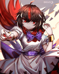 Rule 34 | 1girl, absurdres, black hair, bracelet, cape, closed mouth, commentary request, dress, fingernails, grey background, grey horns, highres, horns, jewelry, kijin seija, long fingernails, looking at viewer, multicolored hair, red cape, red eyes, red hair, red nails, short sleeves, signature, solo, streaked hair, top-exerou, touhou, white dress, white hair