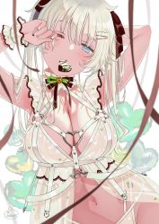 Rule 34 | 1girl, arm behind head, armpits, arms up, babydoll, bare shoulders, blue eyes, bow, bowtie, breasts, candy, chocolate, chocolate heart, choker, cleavage, food, food in mouth, frilled choker, frills, hair ornament, hair ribbon, hairclip, heart, large breasts, lingerie, long hair, looking at viewer, mouth hold, multi-strapped panties, navel, one eye closed, original, panties, ribbon, see-through, solo, stomach, strap, string panties, tsukana (saba mizore), twintails, underwear, underwear only, valentine, white hair, white panties, wrist cuffs