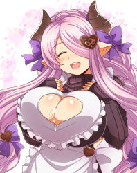 Rule 34 | 1girl, :d, ^ ^, after paizuri, afuro, apron, blush, bow, braid, breast suppress, breasts, brown sweater, cleavage, cleavage cutout, closed eyes, clothing cutout, cum, cum on body, cum on breasts, cum on upper body, draph, closed eyes, granblue fantasy, hair bow, hair ornament, hair over one eye, head tilt, heart, heart cutout, heart hair ornament, horns, huge breasts, light purple hair, long hair, looking at viewer, narmaya (granblue fantasy), narmaya (valentine) (granblue fantasy), open mouth, pointy ears, purple bow, ribbed sweater, sleeves past wrists, smile, solo, sparkle, sweater, very long hair, white apron, white background