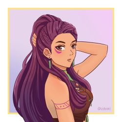 Rule 34 | 1girl, arm behind head, artist name, bare shoulders, braid, breasts, brown eyes, commentary, earrings, english commentary, facial mark, fire emblem, fire emblem: three houses, forehead, highres, jewelry, lishiori, long hair, looking at viewer, medium breasts, nintendo, parted lips, petra macneary, ponytail, purple hair, shirt, sleeveless, sleeveless shirt, solo, upper body, very long hair