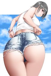 Rule 34 | 1girl, ass, ass focus, back, bare arms, bare shoulders, blue eyes, blush, breasts, covered erect nipples, cowboy shot, cutoffs, denim, denim shorts, from behind, grey hair, haru (hr works), heterochromia, highres, looking at viewer, looking back, medium breasts, midriff, original, outside border, parted lips, red eyes, short hair, short shorts, shorts, solo, tank top, twisted torso, white tank top, wristband