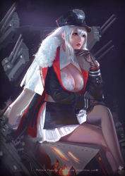 Rule 34 | 1girl, absurdres, artist name, azur lane, black legwear, breasts, brown eyes, chinese commentary, cleavage, commentary request, dated, fur trim, gloves, graf zeppelin (azur lane), hair between eyes, hand on own knee, hat, highres, large breasts, crossed legs, lips, lipstick, long hair, looking afar, makeup, mars foong, nose, partial commentary, peaked cap, silver hair, sitting, solo