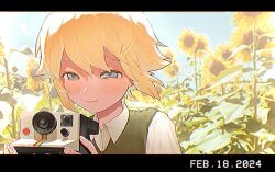 Rule 34 | 1boy, basil (faraway) (omori), basil (omori), blonde hair, blue eyes, blush, camera, closed mouth, collared shirt, dated, flower, green sweater vest, holding, holding camera, letterboxed, omori, shirt, short hair, smile, solo, sunflower, sweater vest, tate ware anal, upper body, white shirt