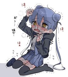 Rule 34 | 1girl, black jacket, black thighhighs, blood, blue hair, blue necktie, blue skirt, blush, cone hair bun, crying, double bun, fangs, hair between eyes, hair bun, jacket, long hair, long sleeves, necktie, nosebleed, open mouth, orange eyes, pleated skirt, scared, shadow, shinigami dot com, shirt, simple background, skirt, solo, tears, thighhighs, trembling, twintails, white background, yasashii naizou