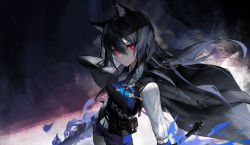 Rule 34 | 1girl, absurdres, animal ear fluff, animal ears, arknights, black cape, black hair, black pantyhose, black vest, blue fire, blue necktie, blue shorts, cape, closed mouth, collared shirt, fire, gkd111, highres, holding, holding sword, holding weapon, long hair, necktie, pantyhose, red eyes, shirt, shorts, solo, sword, texas (arknights), texas the omertosa (arknights), very long hair, vest, weapon, white shirt, wolf ears