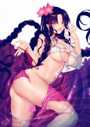 Rule 34 | 1girl, ass, bare shoulders, bikini, bikini top only, black hair, bottomless, braid, breasts, fate/grand order, fate (series), fellatio gesture, from above, half-closed eyes, highres, large breasts, long hair, looking at viewer, lying, multicolored hair, navel, obiwan, on side, open mouth, parted bangs, partially submerged, pink hair, sarong, unworn sarong, seashell, sessyoin kiara, sessyoin kiara (swimsuit mooncancer), sessyoin kiara (swimsuit mooncancer) (first ascension), shell, solo, strapless, strapless bikini, swimsuit, thighs, thong bikini, tongue, tongue out, twin braids, two-tone hair, underboob, very long hair, water, white bikini