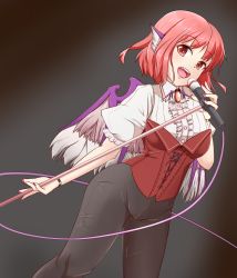 Rule 34 | 1girl, alternate costume, commentary request, highres, holding, looking at viewer, microphone, music, mystia lorelei, open mouth, pink hair, puffy short sleeves, puffy sleeves, red eyes, short hair, short sleeves, singing, solo, thighs, touhou, wings, zefutefu