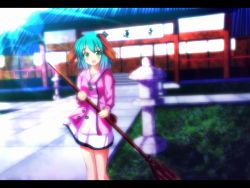 Rule 34 | 1girl, :d, animal ears, architecture, broom, building, cuon (kuon), dress, grass, green eyes, green hair, holding, house, kasodani kyouko, letterboxed, matching hair/eyes, open mouth, path, railing, road, rock, short hair, smile, solo, stairs, stone lantern, sunlight, tail, temple, touhou