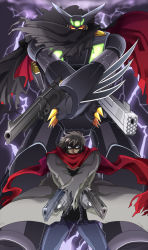 Rule 34 | 1boy, black getter, blue eyes, brown hair, cape, cloud, cloudy sky, coat, dual wielding, getter robo, grey coat, gun, handgun, holding, holding gun, holding weapon, kishia (jun&#039;aist), lightning, looking up, mecha, nagare ryoma, pistol, red scarf, robot, scarf, science fiction, shin getter robo, sky, super robot, trench coat, weapon, yellow eyes