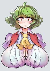 Rule 34 | 1girl, ahoge, ascot, ass, black bra, blush, bra, breasts, button gap, cleavage, closed mouth, commentary, cropped torso, enajii, green hair, huge breasts, kazami yuuka, looking at viewer, red eyes, short hair, solo, sweat, touhou, underwear, yellow ascot