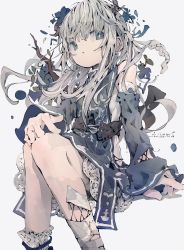 Rule 34 | 1girl, absurdres, aiamu iamu, artist name, blue eyes, clothing request, commentary, commentary request, dress, ears visible through hair, feet out of frame, flower, grey eyes, grey hair, hair flower, hair ornament, hand on own knee, highres, long hair, looking to the side, open mouth, original, signature, simple background, sitting, stick, twig, white background