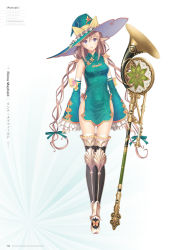 Rule 34 | 1girl, :d, aqua dress, armor, bare shoulders, black thighhighs, blush, boots, bow, breasts, brown hair, china dress, chinese clothes, covered navel, crossed legs, detached sleeves, dress, drill hair, frilled thighhighs, frills, full body, green dress, hair ribbon, halterneck, hat, hat bow, highres, holding, horn (instrument), impossible clothes, lace, lace-trimmed legwear, lace trim, long hair, long pointy ears, long sleeves, looking at viewer, low twintails, medium breasts, official art, open mouth, pointy ears, purple eyes, ribbon, rinna mayfield, scrunchie, shining (series), shining resonance, short dress, side slit, sidelocks, sleeves past wrists, smile, solo, standing, taut clothes, taut dress, thigh boots, thighhighs, tony taka, turtleneck, twin drills, twintails, very long hair, wide sleeves, witch hat