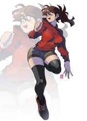 Rule 34 | 1girl, :3, absurdres, artist name, black thighhighs, blush, breasts, brown hair, clenched hand, commission, dated, grey shorts, hair behind ear, highres, hood, hoodie, large breasts, open hand, open mouth, original, ponytail, red footwear, red hoodie, shoes, shorts, smile, sneakers, snowcie, solo, thighhighs, white background
