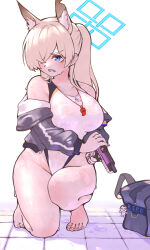 Rule 34 | 1girl, animal ear fluff, animal ears, bag, black jacket, blonde hair, blue archive, blue eyes, blue halo, breasts, cleavage, commentary request, competition swimsuit, covered navel, dog ears, dog girl, extra ears, gun, hair over one eye, halo, highleg, highleg one-piece swimsuit, highres, jacket, kanna (blue archive), kanna (swimsuit) (blue archive), large breasts, long hair, looking at viewer, notched ear, nuup pasta, official alternate costume, one-piece swimsuit, ponytail, sharp teeth, solo, swimsuit, teeth, weapon, whistle, whistle around neck, white one-piece swimsuit