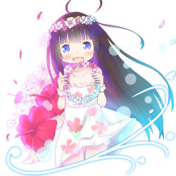 Rule 34 | 10s, 1girl, :d, bare shoulders, blue eyes, blush, brown hair, collarbone, commentary request, dress, flower, flower wreath, hair down, head wreath, highres, hinatsuru ai, holding, long hair, open mouth, red flower, ryuuou no oshigoto!, scrunchie, sleeveless, sleeveless dress, smile, solo, su guryu, very long hair, white dress, white flower, white scrunchie, wrist scrunchie