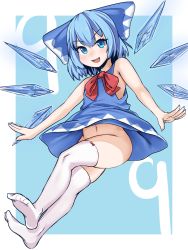 Rule 34 | 1girl, :d, bare shoulders, blue dress, blue eyes, blue hair, bow, circled 9, cirno, clothes lift, dress, dress lift, falling, feet, full body, hair between eyes, hair bow, highres, ice, ice wings, looking at viewer, navel, no panties, no shoes, open mouth, red bow, short dress, short hair, sirachi, sleeveless, sleeveless dress, smile, solo, thighhighs, touhou, v-shaped eyebrows, white thighhighs, wings
