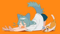 Rule 34 | 1girl, all fours, animal, animal ears, antenna hair, aqua hair, bad id, bad tumblr id, blue shorts, blush, cat, cat ears, cat girl, cat stretch, cat tail, closed eyes, facing away, fang, from side, hair between eyes, niwabuki, open mouth, orange background, original, outstretched arms, ruka (niwabuki), shirt, short sleeves, shorts, simple background, single tear, stretching, tail, tearing up, white shirt, yawning