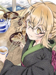 Rule 34 | 1girl, ahoge, artoria pendragon (fate), blonde hair, blush, chewing, commentary request, cup, dutch angle, eating, fate/grand order, fate (series), food, food on face, from behind, japanese clothes, kakao choko, kimono, looking at viewer, mysterious heroine x alter (fate), obi, oyster, sash, semi-rimless eyewear, sidelocks, skewer, solo, tea, teapot, upper body, yellow eyes, yukata, yunomi