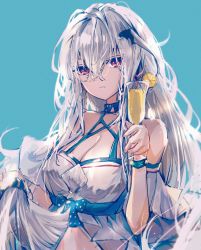Rule 34 | 1girl, absurdres, arknights, bare shoulders, blue background, chinese commentary, choker, commentary request, cup, drinking glass, drinking straw, hair between eyes, hair ornament, hand up, highres, holding, holding cup, kaxnight, long hair, looking at viewer, no headwear, off-shoulder shirt, off shoulder, official alternate costume, red eyes, shirt, short sleeves, silver hair, simple background, skadi (arknights), skadi (waverider) (arknights), solo, upper body, whale hair ornament, white shirt