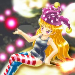 Rule 34 | 1girl, american flag legwear, blonde hair, blush, clownpiece, hat, jester cap, long hair, one-piece swimsuit, purple eyes, red eyes, school swimsuit, shiny clothes, shiny skin, sitting, smile, solo, swimsuit, thighhighs, torch, touhou, winn