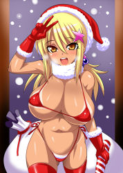 Rule 34 | 1girl, bikini, blonde hair, blush, breasts, brown eyes, christmas, female focus, gloves, hair ornament, hat, huge breasts, konno tohiro, long hair, looking at viewer, navel, open mouth, original, red bikini, red gloves, red thighhighs, santa costume, santa hat, smile, snow, solo, standing, star (symbol), star hair ornament, swimsuit, tan, tanline, thighhighs, v