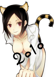 Rule 34 | 10s, 1girl, 2010, animal ears, animal print, bad id, bad pixiv id, black hair, bottomless, breasts, buriteri, cat ears, cat tail, censored, cleavage, collarbone, convenient censoring, large breasts, leaning forward, looking at viewer, naked shirt, new year, open clothes, open shirt, red eyes, shirt, short hair, simple background, smile, solo, tail, tiger ears, tiger print, white background