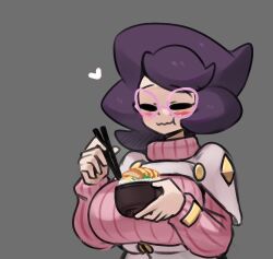 Rule 34 | 1girl, big hair, blush, breasts, chopsticks, closed eyes, creatures (company), dot nose, eating, female focus, game freak, gipehtyboo, glasses, grey background, happy, heart, large breasts, nintendo, pink sweater, pokemon, pokemon sm, purple hair, solo, sweater, turtleneck, turtleneck sweater, upper body, wavy mouth, wicke (pokemon)