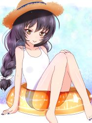 Rule 34 | 10s, 1girl, :p, alternate hairstyle, arm support, bad id, bad twitter id, barefoot, black hat, blue nails, braid, brown hat, closed mouth, commentary, full body, girls und panzer, hair tie, hand on own knee, hat, innertube, legs, light smile, long hair, looking at viewer, nail polish, one-piece swimsuit, pamchapyuzu, see-through, single braid, sitting, solo, straw hat, swim ring, swimsuit, tongue, tongue out, white one-piece swimsuit