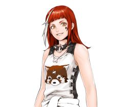 Rule 34 | 1girl, brown eyes, clothes around waist, collar, facial mark, grin, highres, irene lion, jacket, jacket around waist, long hair, looking at viewer, multicolored hair, official art, print shirt, red hair, red panda, shirt, simple background, smile, solo, spiked collar, spikes, star (symbol), star facial mark, streaked hair, troubleshooter: abandoned children, upper body, white background, white shirt