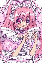 1girl 2000s_(style) amnyuixx apron blush bow bow_choker choker commentary dress frilled_apron frilled_choker frilled_dress frilled_hairband frills hair_bow hairband heart heart_hands highres long_hair looking_at_viewer maid maid_apron maid_headdress open_mouth original pink_bow pink_choker pink_dress pink_eyes pink_hair pink_theme pixel_art puffy_short_sleeves puffy_sleeves short_sleeves smile solo symbol-only_commentary twintails upper_body very_long_hair white_apron white_hairband