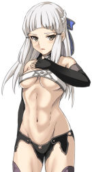 Rule 34 | 1girl, abs, berserker of el dorado, braid, breasts, brown eyes, cowboy shot, detached collar, elbow gloves, fate/grand order, fate (series), gloves, hand on own chest, jitome, long hair, looking at viewer, medium breasts, muscular, muscular female, navel, parted lips, penthesilea (fate), shiseki hirame, shorts, silver hair, simple background, solo, standing, thighhighs, underboob, white background