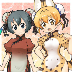 Rule 34 | 10s, 2girls, :d, adapted costume, animal ears, arms at sides, black hair, black legwear, blonde hair, blue eyes, bun cover, china dress, chinese clothes, commentary request, cowboy shot, dated, double bun, dress, extra ears, feather hair ornament, feathers, gradient dress, hair between eyes, hair ornament, hakkatou, hand on own hip, head tilt, kaban (kemono friends), kemono friends, looking at viewer, multiple girls, open mouth, pantyhose, paw pose, print dress, puffy short sleeves, puffy sleeves, red dress, serval (kemono friends), serval print, serval tail, short dress, short hair, short sleeves, side slit, smile, tail, thigh gap, white dress, yellow eyes