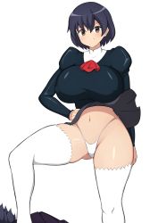 Rule 34 | 1girl, absurdres, agent aika, aika (series), black delmo, blue hair, breasts, brown eyes, clothes lift, covered erect nipples, delmo, delmogeny uniform, dot nose, eyebrows, eyebrows hidden by hair, hand on own hip, highleg, highleg panties, highres, impossible clothes, impossible shirt, jaga334, large breasts, navel, panties, shirt, short hair, skirt, skirt lift, smile, solo, thighhighs, thighs, thong, underwear, white panties, yuki (agent aika)
