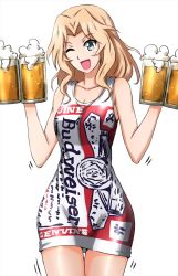 Rule 34 | 1girl, alcohol, beer, beer mug, blonde hair, blue eyes, blush, breasts, cleavage, collarbone, cup, dress, girls und panzer, hair intakes, highres, kay (girls und panzer), medium breasts, microdress, mug, omachi (slabco), one eye closed, open mouth, pantyhose, see-through, see-through legwear, simple background, smile, solo, waitress, white background