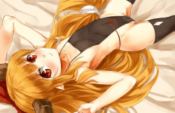 Rule 34 | 1girl, bare shoulders, black thighhighs, blonde hair, blush, bow, cameltoe, flat chest, hair bow, highres, horns, ibuki suika, loincloth, long hair, looking at viewer, low-tied long hair, lying, nipples, nishiuri, on back, petite, pointy ears, red eyes, revealing clothes, see-through, solo, thighhighs, touhou, very long hair