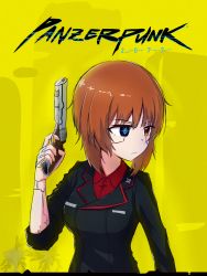 Rule 34 | 1girl, artificial eye, bad id, bad pixiv id, black jacket, blouse, brown eyes, brown hair, commentary request, cyberpunk (series), cyberpunk 2077, dress shirt, girls und panzer, gun, highres, holding, holding gun, holding weapon, insignia, jacket, kiroshi, korean commentary, kuromorimine military uniform, long sleeves, looking to the side, mechanical arms, mechanical eye, military, military uniform, nishizumi miho, parody, red shirt, shirt, short hair, single mechanical arm, sleeves rolled up, solo, title parody, uniform, upper body, weapon, wing collar, yellow background