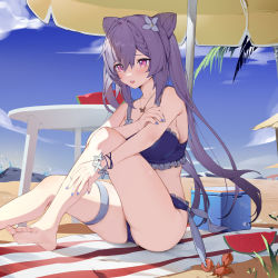 Rule 34 | 1girl, barefoot, beach, bikini, crab, food, fruit, genshin impact, highres, houkisei, keqing (genshin impact), purple hair, sitting, solo, swimsuit, thigh strap, watermelon