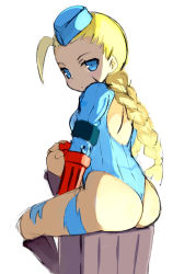 Rule 34 | 1girl, ahoge, ass, backless outfit, blonde hair, blue eyes, blue hat, blue leotard, boots, braid, breasts, brown footwear, butt crack, cammy white, curvy, facial mark, female focus, fingerless gloves, garrison cap, gloves, hat, highleg, highleg leotard, hip focus, knee boots, kurasuke, leotard, long hair, long sleeves, looking at viewer, looking back, low twintails, red gloves, ribbed leotard, simple background, sitting, solo, street fighter, street fighter zero (series), thighs, thong leotard, twin braids, twintails, very long hair, white background