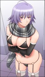 Rule 34 | 1girl, ahoge, alternate costume, armor, arms under breasts, bikini, black bikini, black gloves, black scarf, breasts, chest tattoo, cleavage, closed mouth, cowboy shot, crossed arms, elbow gloves, farleen, fingerless gloves, flipped hair, garter straps, gloves, grey scarf, grey thighhighs, hair between eyes, half-closed eyes, highres, large breasts, light blush, looking at viewer, micro bikini, navel, o-ring, o-ring bikini, o-ring bottom, o-ring top, pink eyes, purple hair, scarf, short hair, shoulder tattoo, sideboob, smile, solo, standing, star ocean, star ocean till the end of time, strap gap, string bikini, striped clothes, striped scarf, swimsuit, tanuki (die abendwolke), tattoo, thighhighs, underboob, vertical stripes, wrist guards